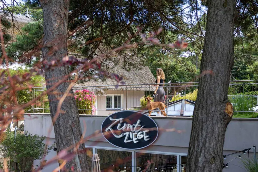 Frau geht mit Hund an der Leine über die Terrasse der ZIMTZIEGE im STRANDHAUS Ahrenshoop, dahinter das Reetdach.