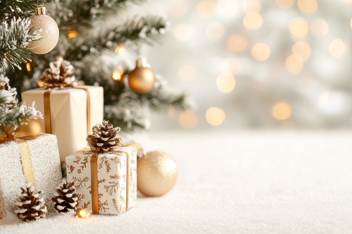 Festlich verpackte Geschenke und goldene Christbaumkugeln vor dem Weihnachtsbaum im STRANDHAUS Ahrenshoop an der Ostsee.